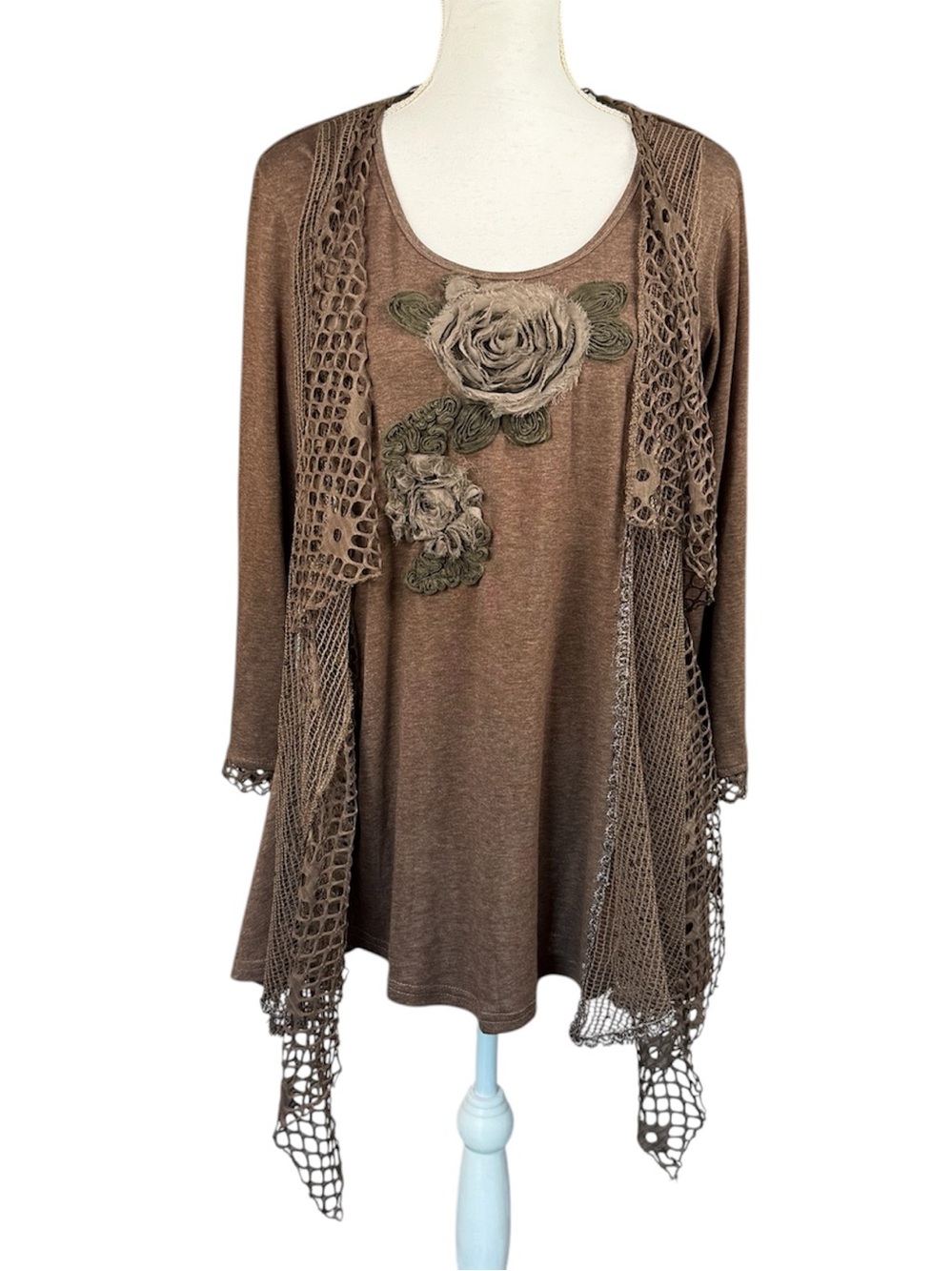 Pretty Angel Boho Cottagecore Heather Brown Tunic Top w/ fishnet lace Sz Large
